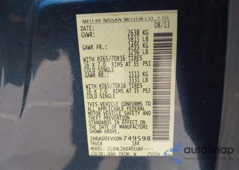 2013 Nissan Frontier Sv z USA, uszkodzony, nr VIN 1N6AD0EVXDN749598